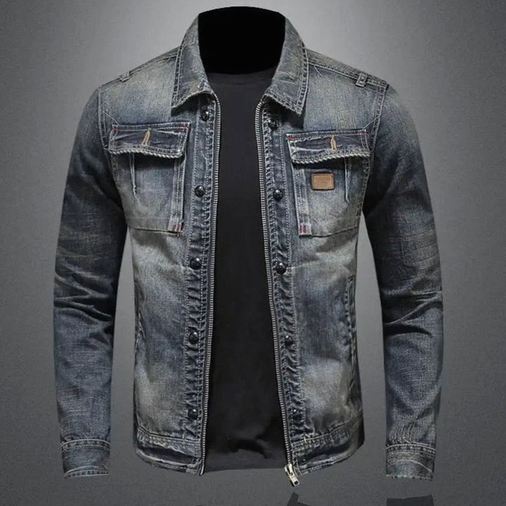 Men's Retro Washed Denim Zip-Up Trucker Jacket