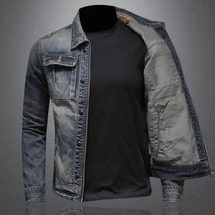 Men's Retro Washed Denim Zip-Up Trucker Jacket