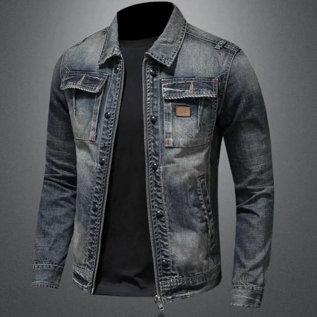 Men's Retro Washed Denim Zip-Up Trucker Jacket