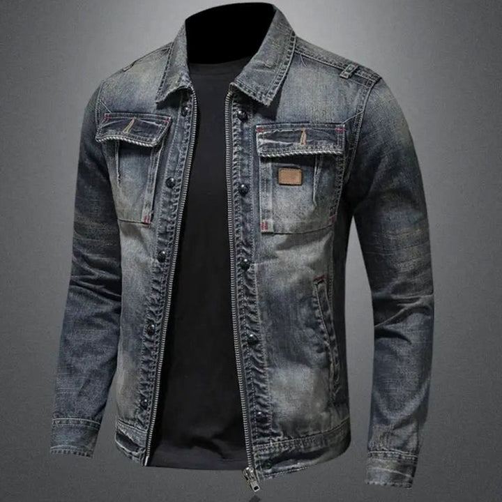 Men's Retro Washed Denim Zip-Up Trucker Jacket