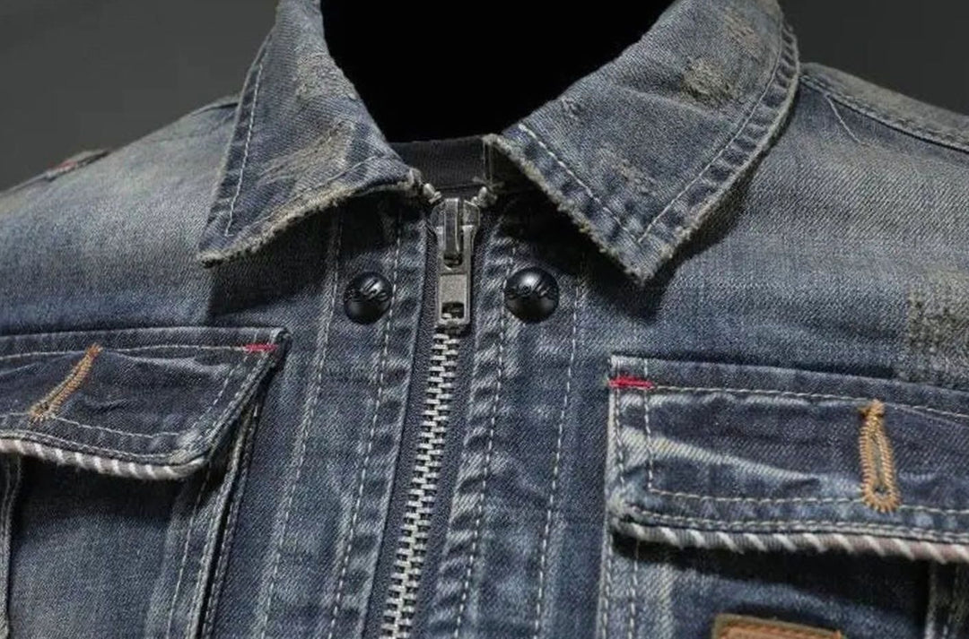 Men's Retro Washed Denim Zip-Up Trucker Jacket