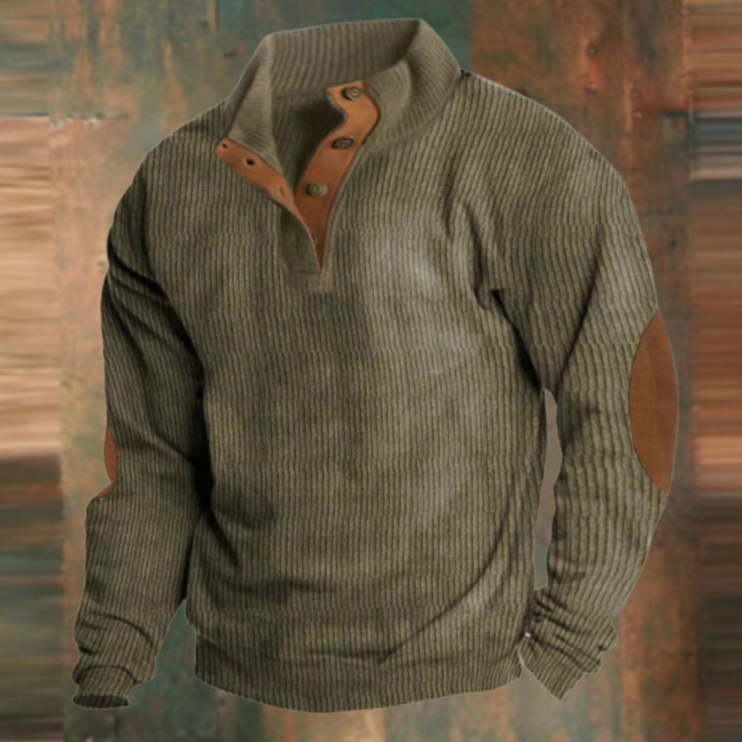Men's Ribbed Button-Collar Jumper with Elbow Patches - Green