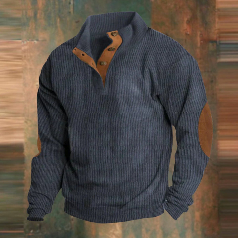 Men's Ribbed Button-Collar Jumper with Elbow Patches - Navy Blue