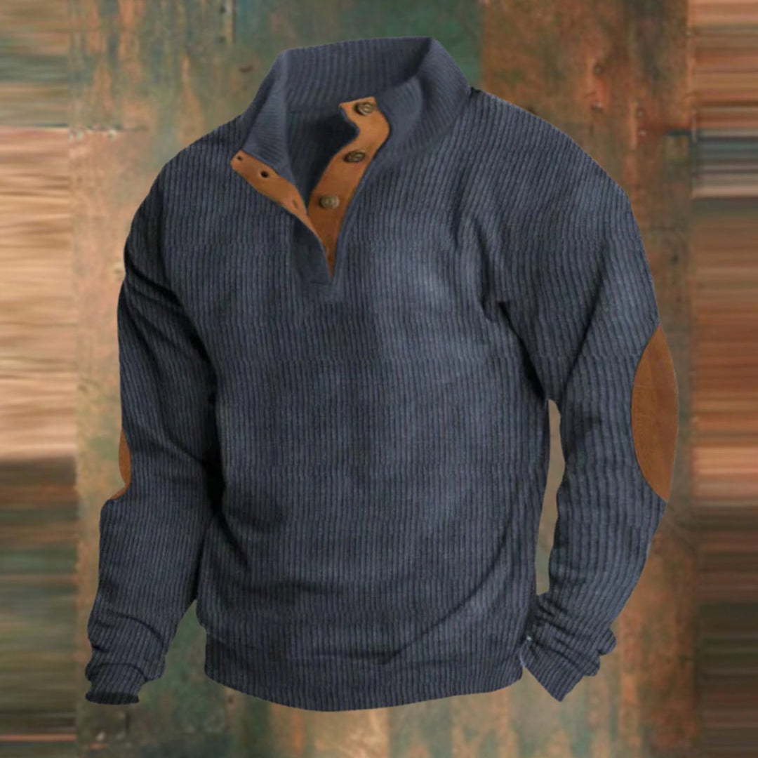 Men's Ribbed Button-Collar Jumper with Elbow Patches - Navy Blue