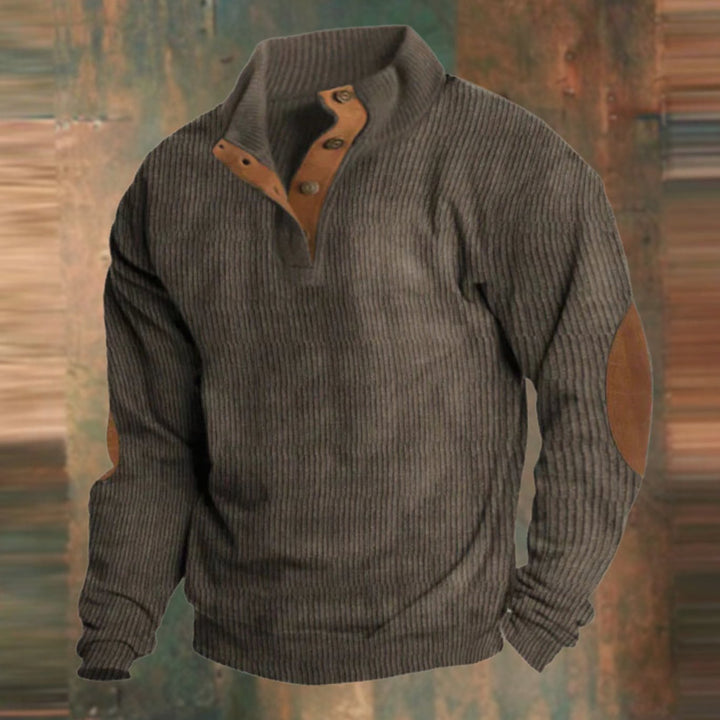 Men's Ribbed Button-Collar Jumper with Elbow Patches - Brown