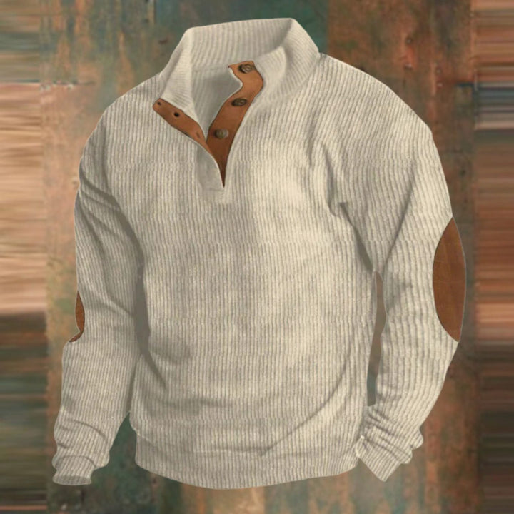 Men's Ribbed Button-Collar Jumper with Elbow Patches - Beige