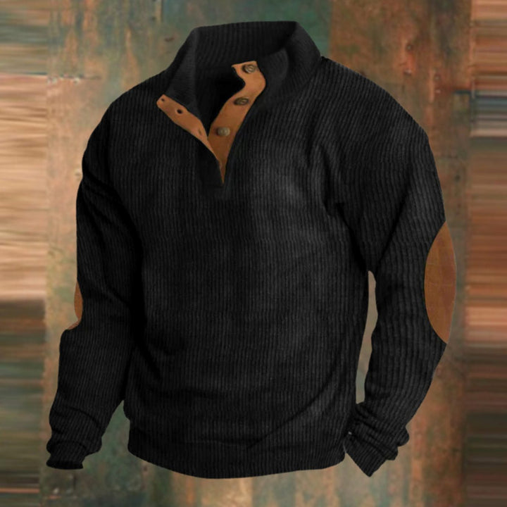 Men's Ribbed Button-Collar Jumper with Elbow Patches - Black