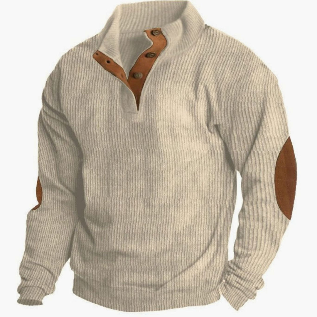 Men's Ribbed Corduroy Button-Neck Jumper with Elbow Patches - Beige
