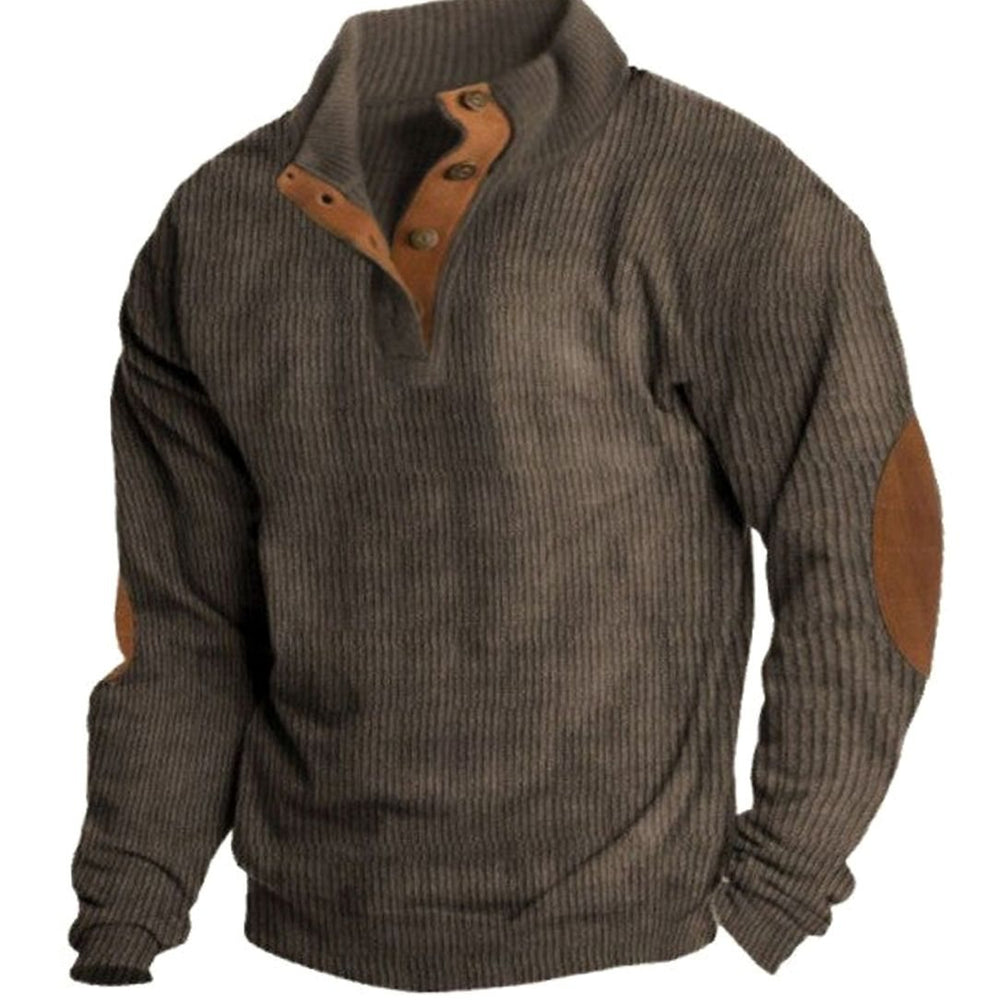 Men's Ribbed Corduroy Button-Neck Jumper with Elbow Patches - Brown