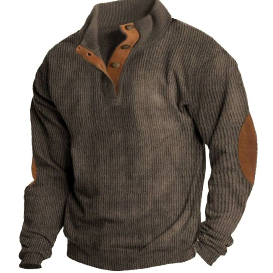 Men's Ribbed Corduroy Button-Neck Jumper with Elbow Patches - Brown