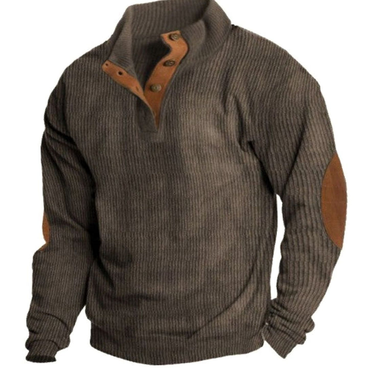 Men's Ribbed Corduroy Button-Neck Jumper with Elbow Patches - Brown