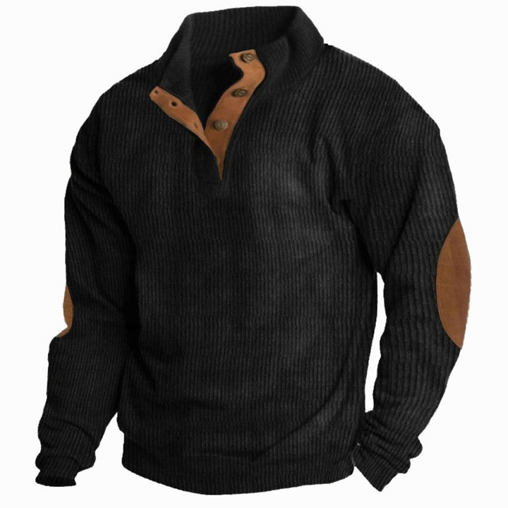 Men's Ribbed Corduroy Button-Neck Jumper with Elbow Patches - Black