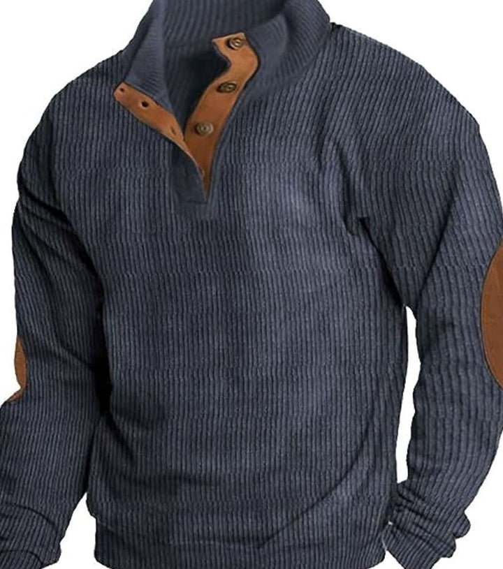 Men's Ribbed Corduroy Button-Neck Jumper with Elbow Patches - White
