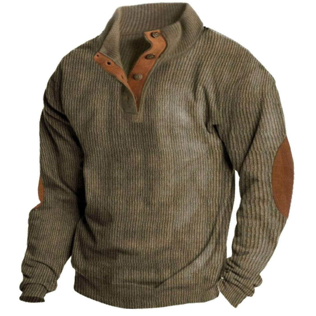 Men's Ribbed Corduroy Button-Neck Jumper with Elbow Patches - Khaki
