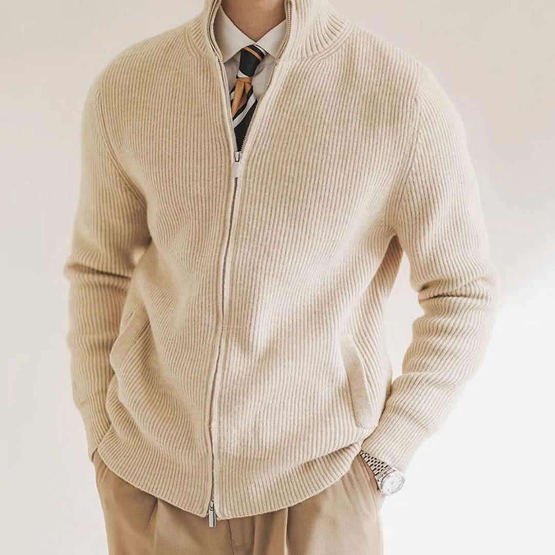 Men's Ribbed Full-Zip Stand-Collar Knit Cardigan, Beige - Beige