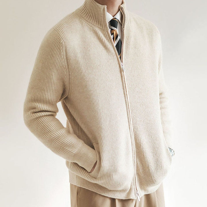 Men's Ribbed Full-Zip Stand-Collar Knit Cardigan, Beige