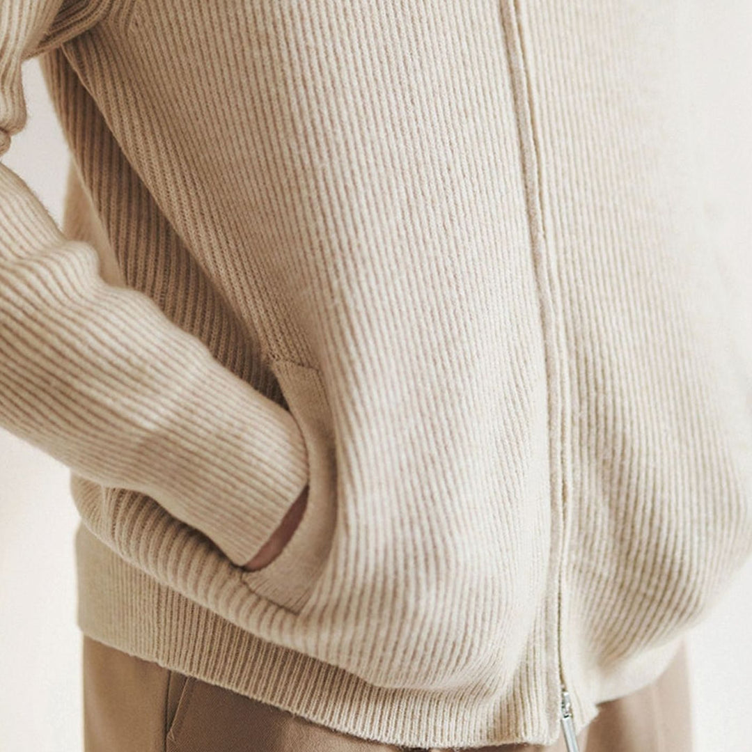 Men's Ribbed Full-Zip Stand-Collar Knit Cardigan, Beige