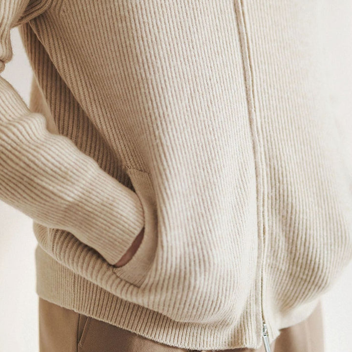 Men's Ribbed Full-Zip Stand-Collar Knit Cardigan, Beige