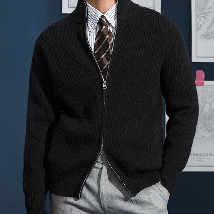Men's Ribbed Full-Zip Stand-Collar Knit Cardigan, Beige - Black