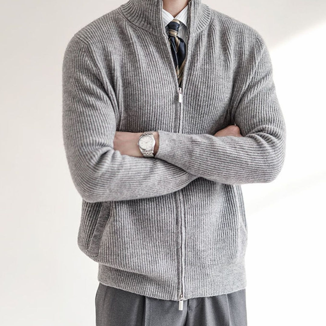Men's Ribbed Full-Zip Stand-Collar Knit Cardigan, Beige - Grey