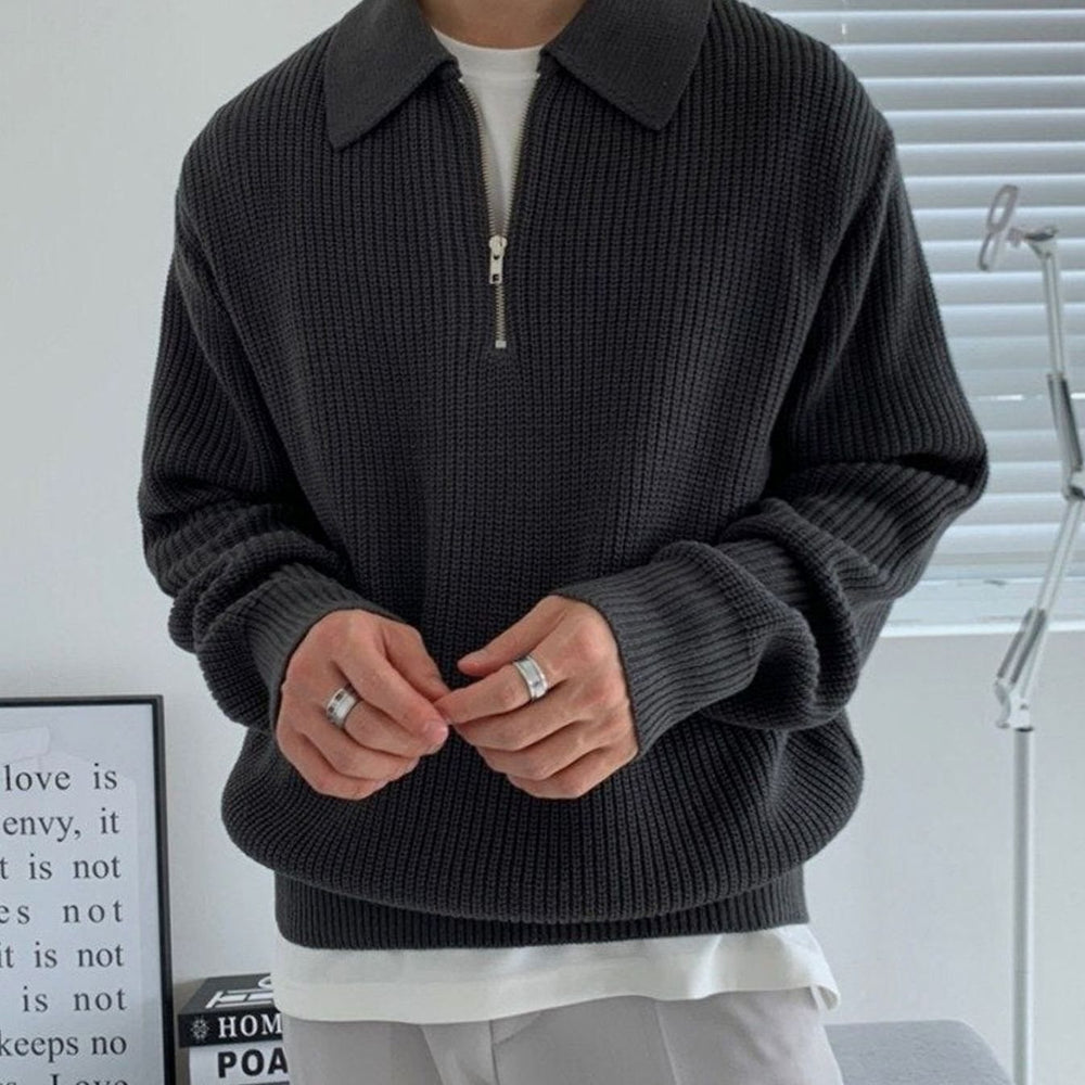 Men's Ribbed Knit Half-Zip Polo Collar Jumper - Black
