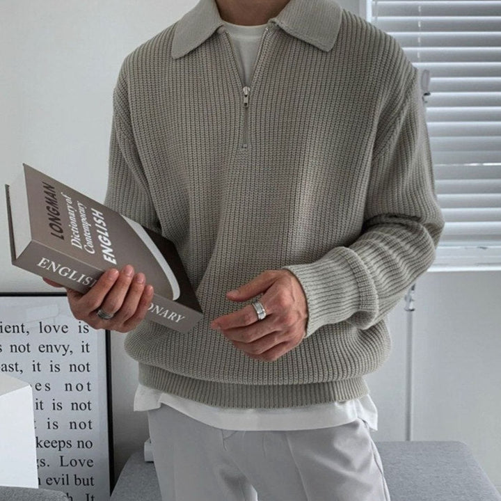 Men's Ribbed Knit Half-Zip Polo Collar Jumper - Grey