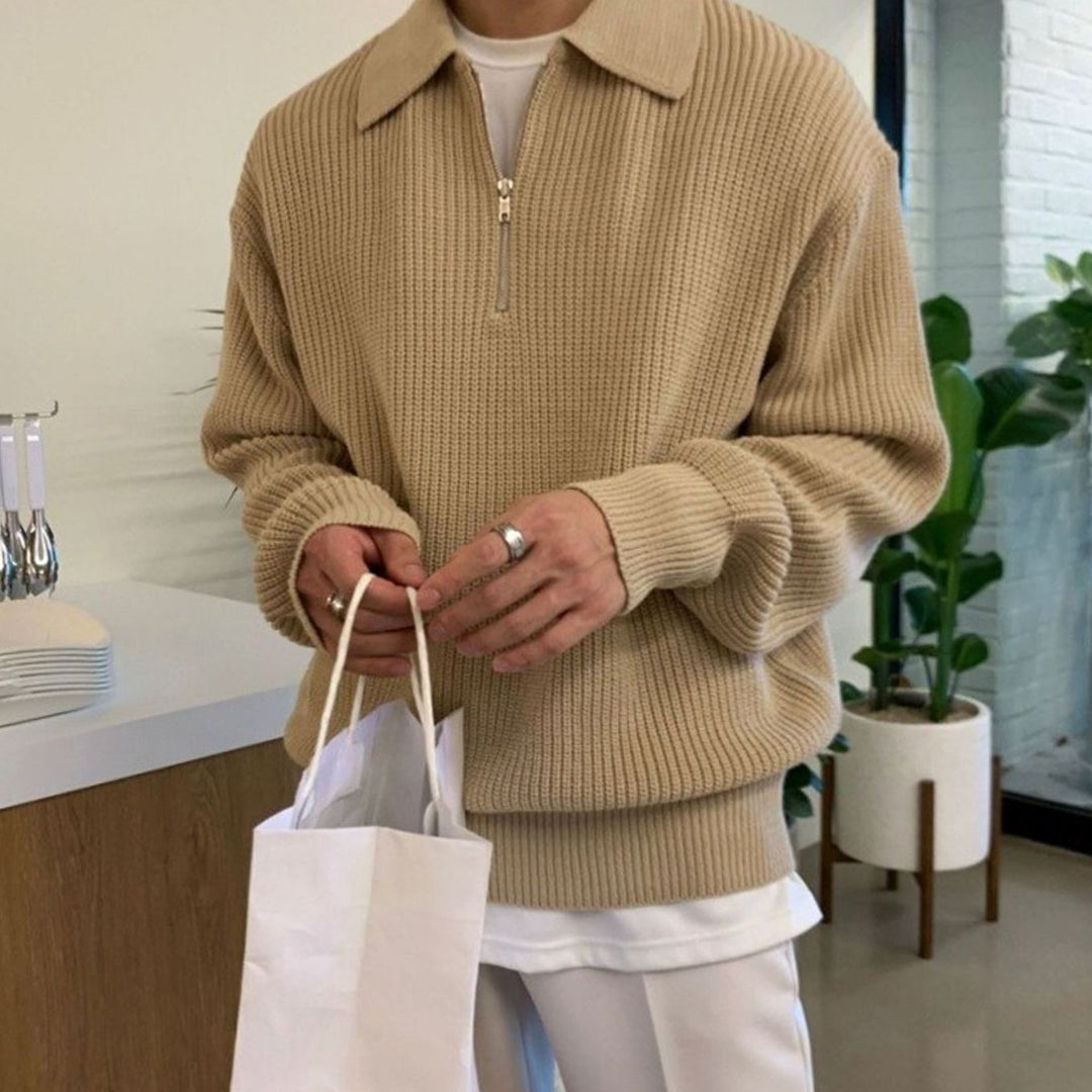 Men's Ribbed Knit Half-Zip Polo Collar Jumper - Beige