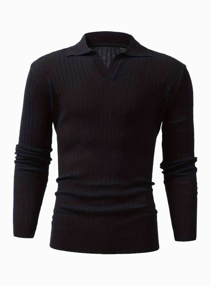 Men's Ribbed Knitted Sweater Collared V-Neck Pullover