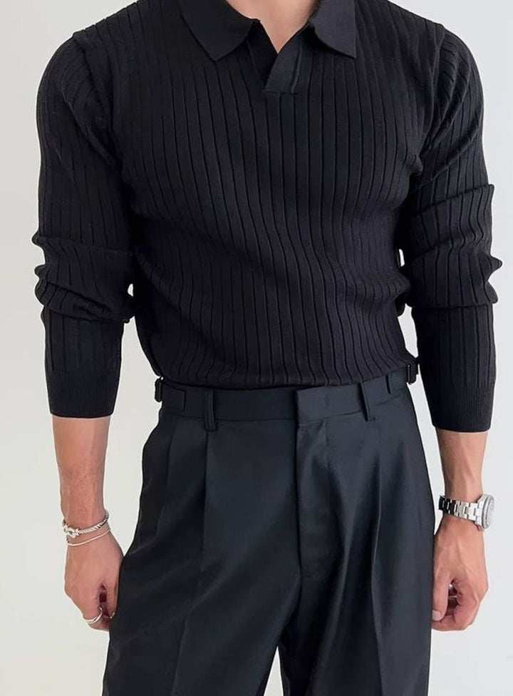 Men's Ribbed Knitted Sweater Collared V-Neck Pullover