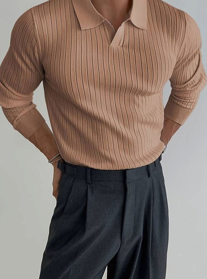 Men's Ribbed Knitted Sweater Collared V-Neck Pullover