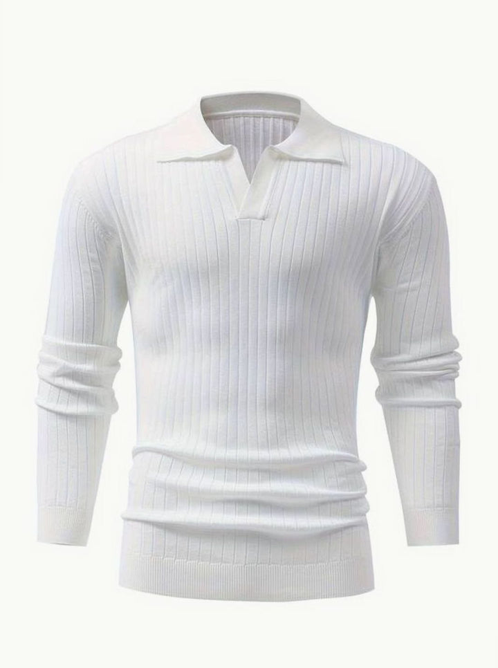 Men's Ribbed Knitted Sweater Collared V-Neck Pullover