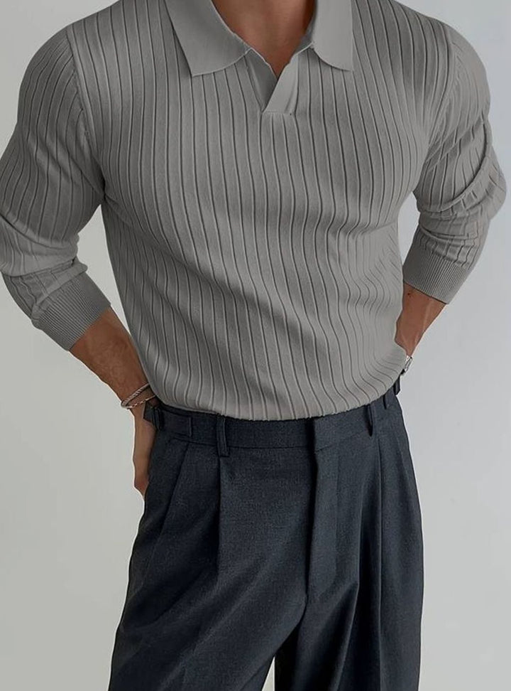 Men's Ribbed Knitted Sweater Collared V-Neck Pullover