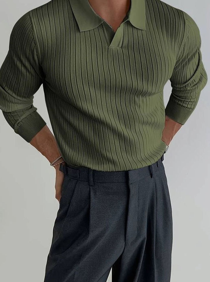 Men's Ribbed Knitted Sweater Collared V-Neck Pullover