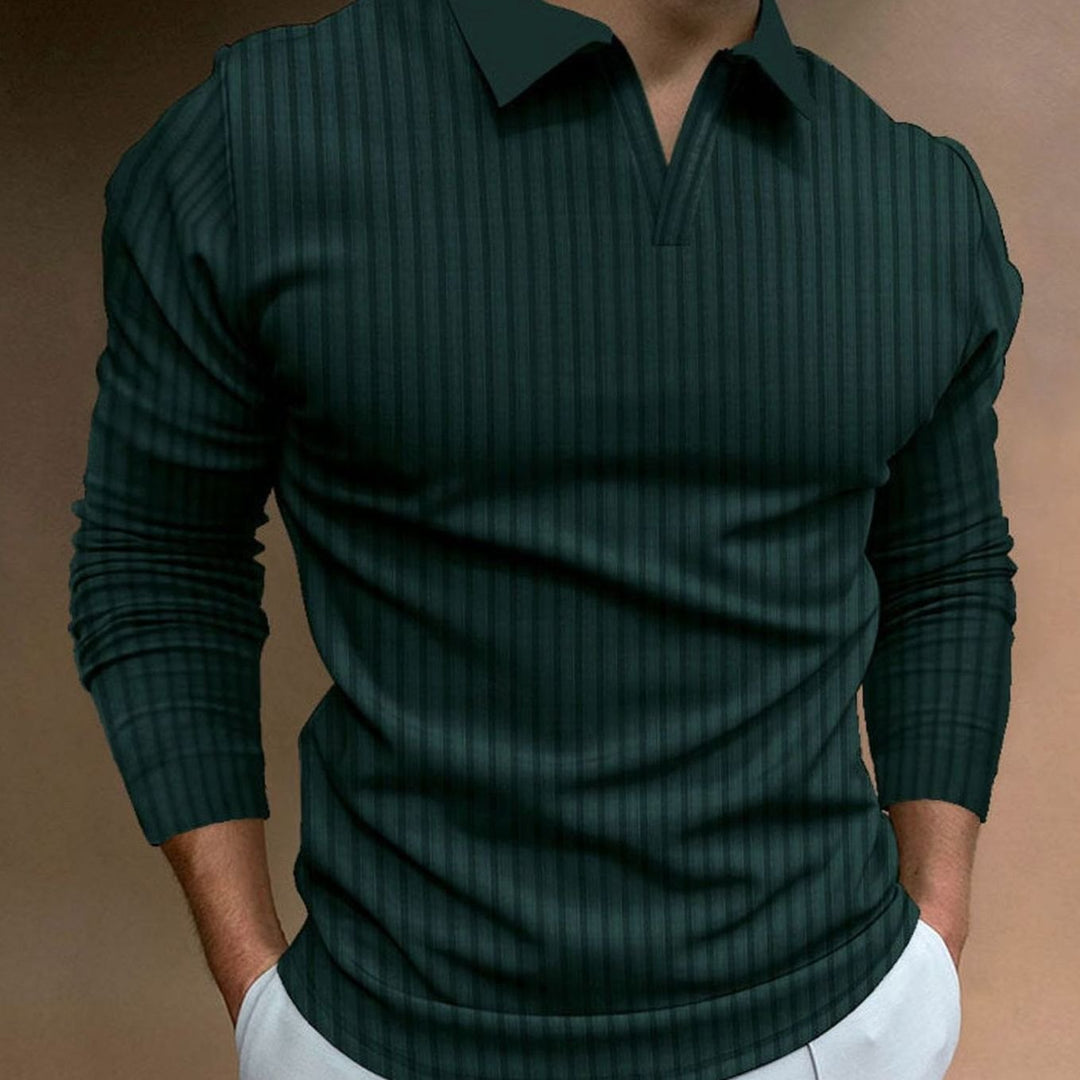 Men's Ribbed Knitted Sweater Collared V-Neck Pullover - Dark Green