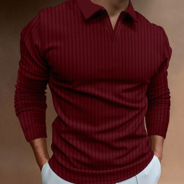 Men's Ribbed Knitted Sweater Collared V-Neck Pullover - Dark Red