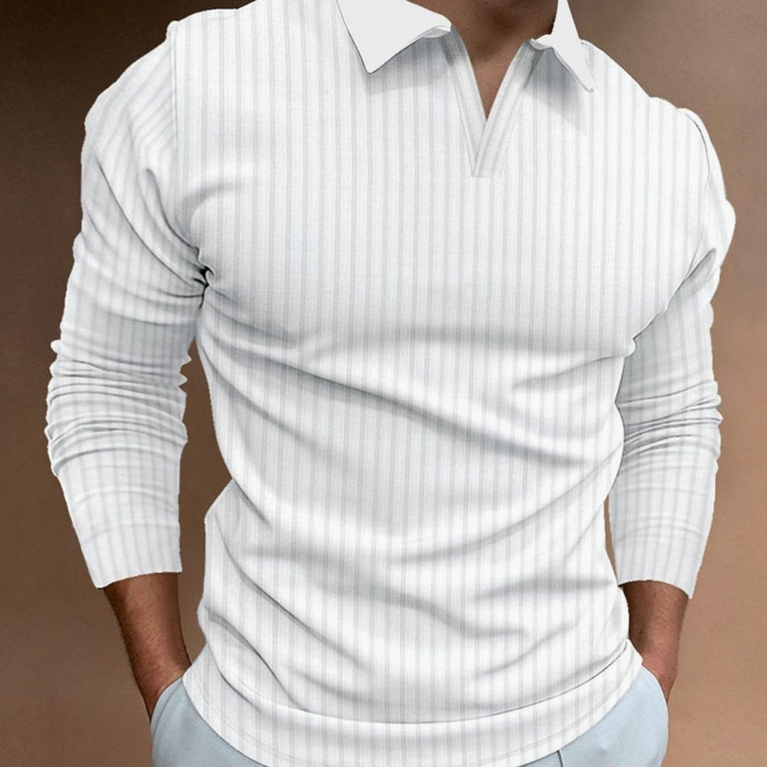 Men's Ribbed Knitted Sweater Collared V-Neck Pullover - White