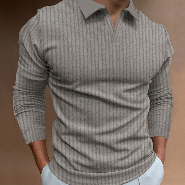 Men's Ribbed Knitted Sweater Collared V-Neck Pullover - Grey