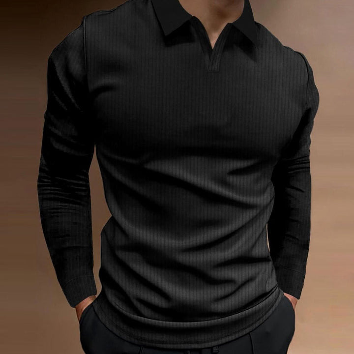 Men's Ribbed Knitted Sweater Collared V-Neck Pullover - Black