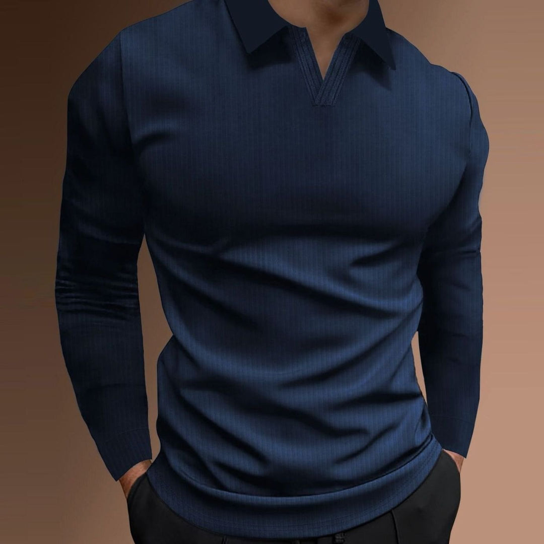 Men's Ribbed Knitted Sweater Collared V-Neck Pullover - Navy Blue