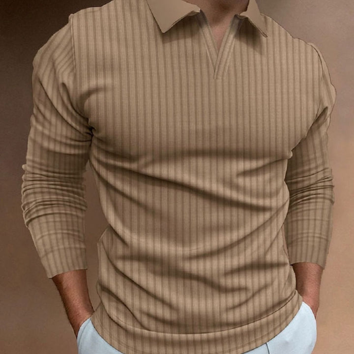 Men's Ribbed Knitted Sweater Collared V-Neck Pullover - Brown