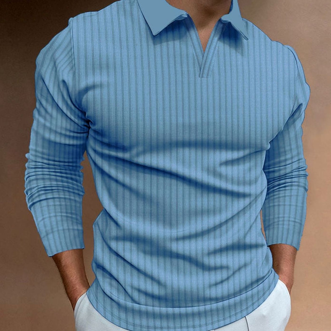 Men's Ribbed Knitted Sweater Collared V-Neck Pullover - Light Blue