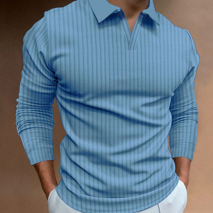Men's Ribbed Knitted Sweater Collared V-Neck Pullover - Light Blue