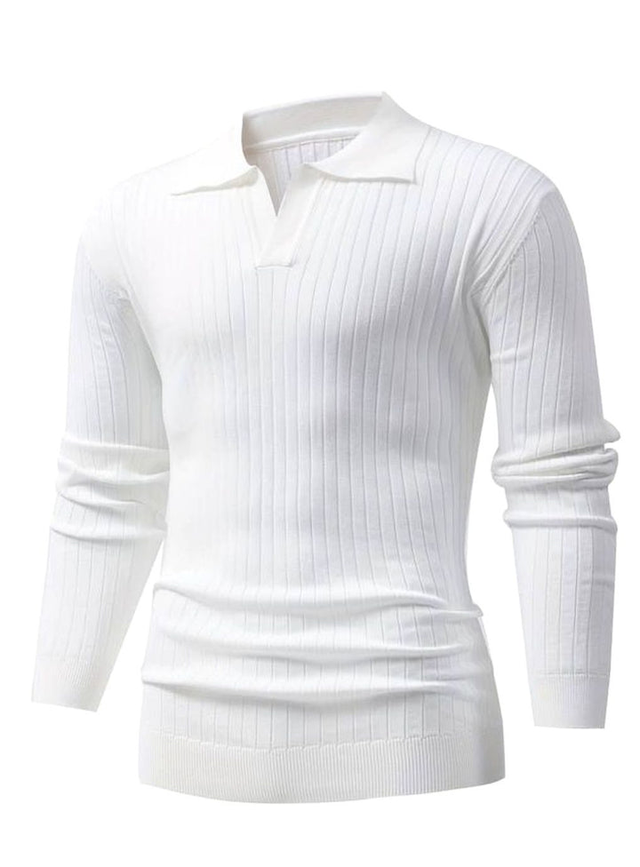 Men's Ribbed Knitted Sweater Collared V-Neck Pullover