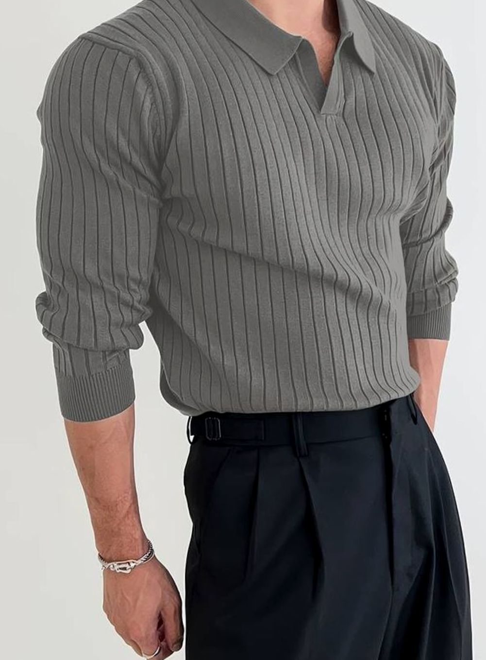 Men's Ribbed Knitted Sweater Collared V-Neck Pullover