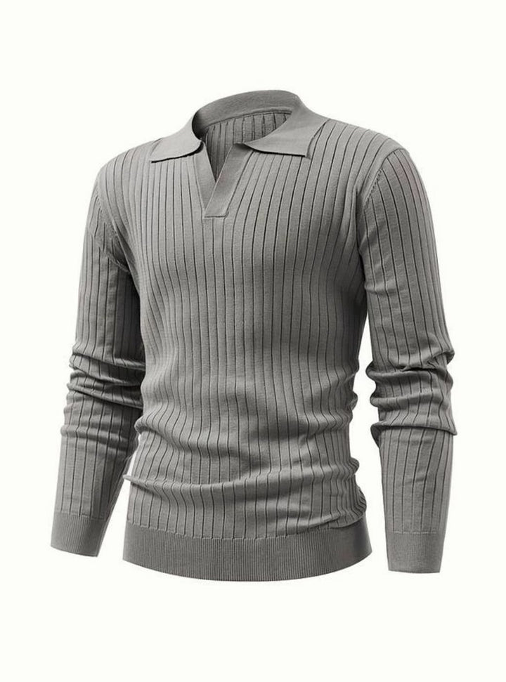 Men's Ribbed Knitted Sweater Collared V-Neck Pullover