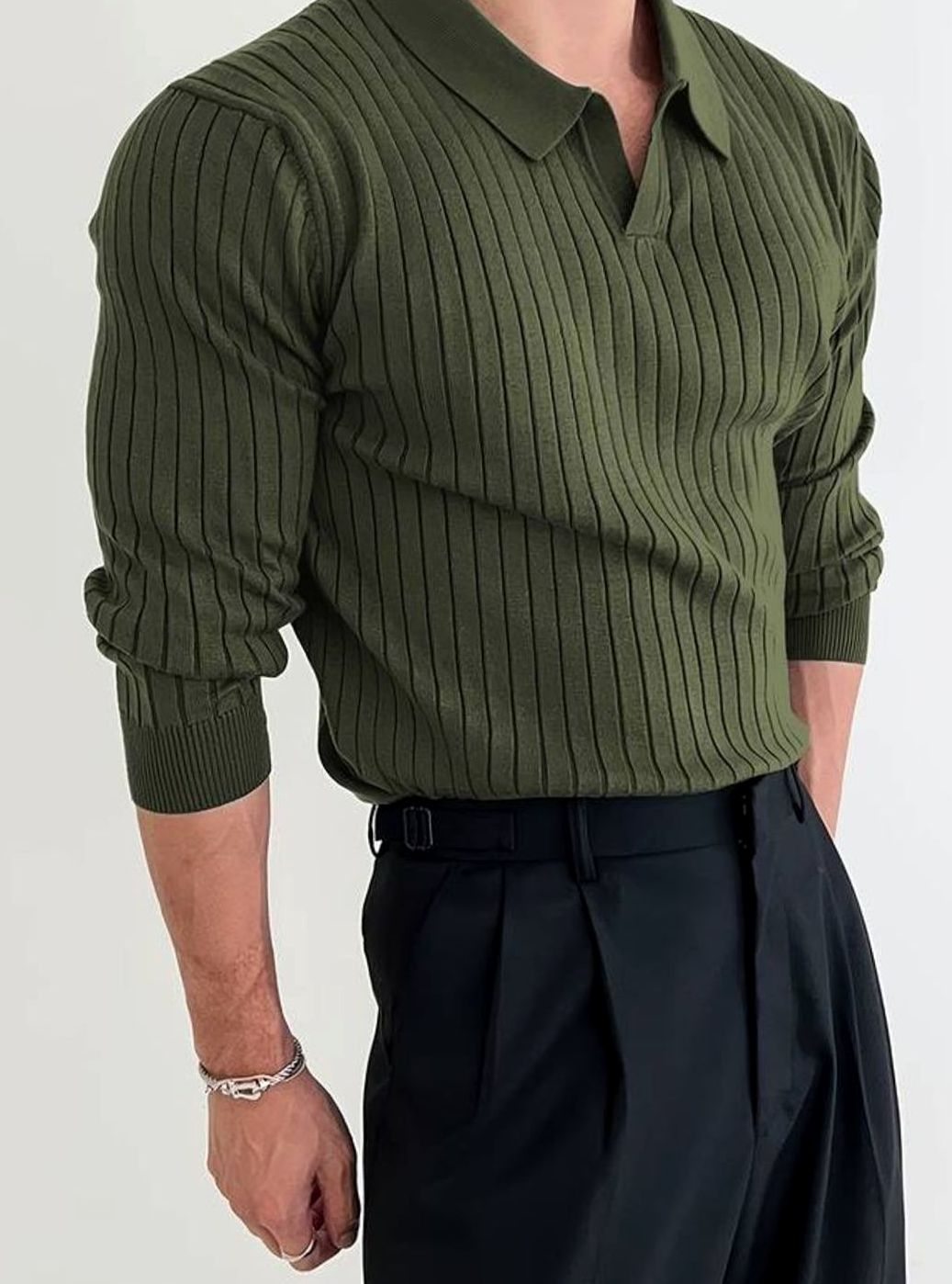Men's Ribbed Knitted Sweater Collared V-Neck Pullover