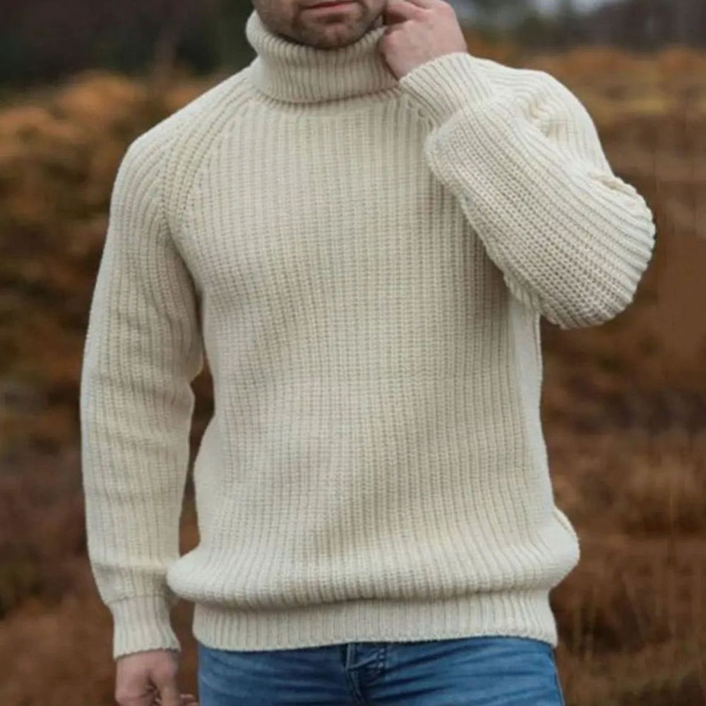 Men's Ribbed Knitted Sweater Turtleneck Raglan Pullover - Beige