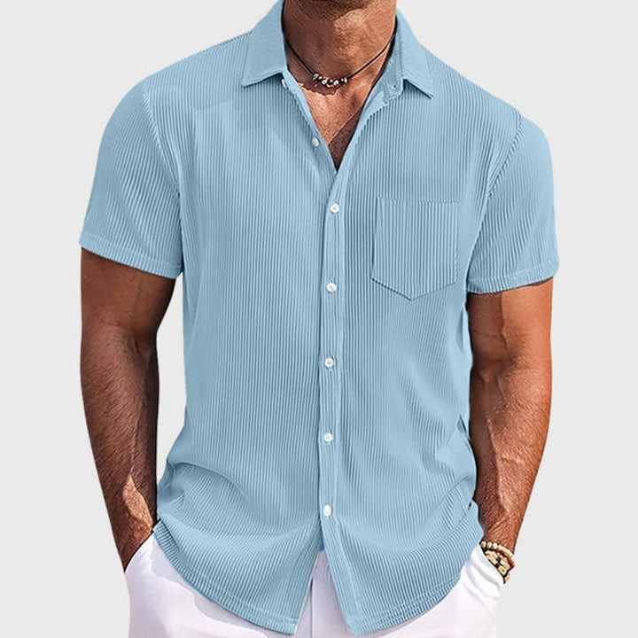 Men's Ribbed Texture Short-Sleeve Button-Up Shirt, Light Blue - Blue