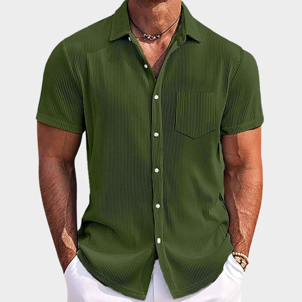 Men's Ribbed Texture Short-Sleeve Button-Up Shirt, Light Blue - Green
