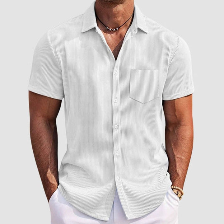 Men's Ribbed Texture Short-Sleeve Button-Up Shirt, Light Blue - White